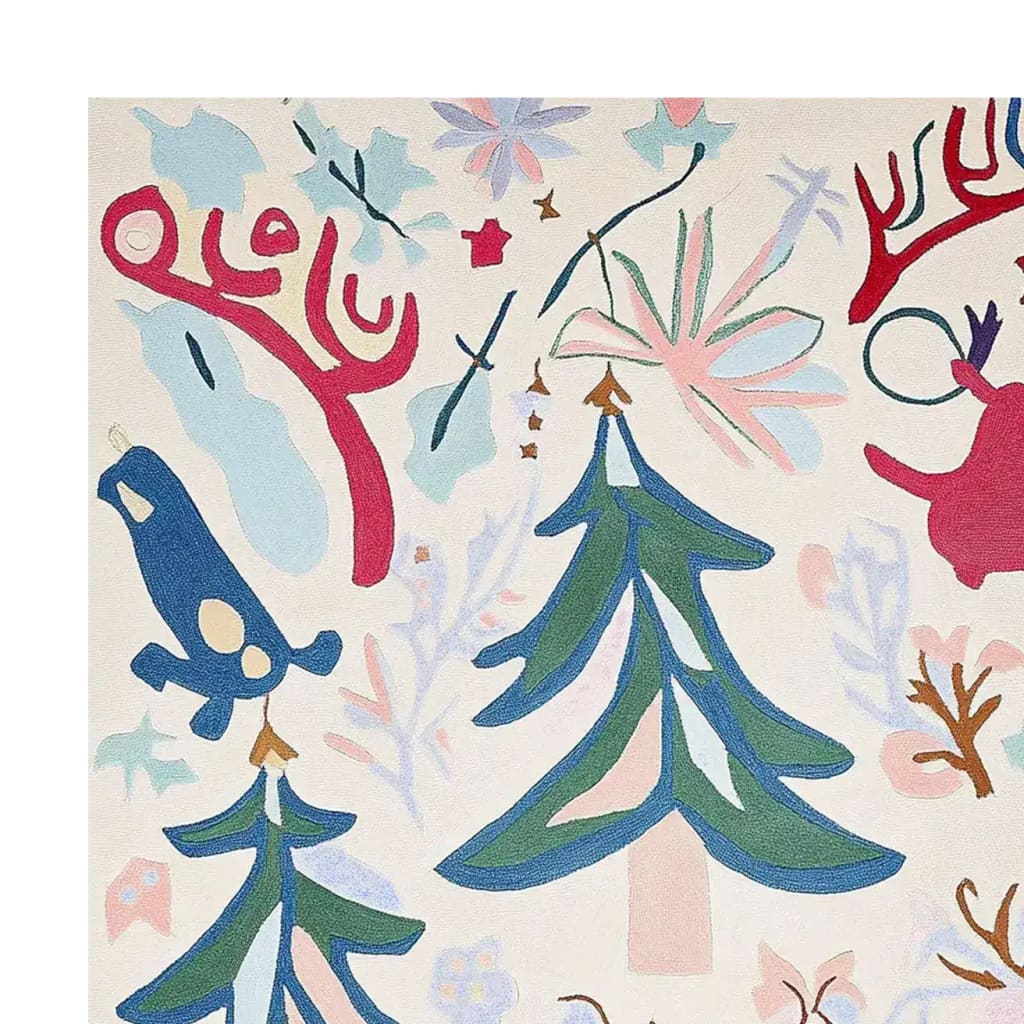 A vibrant and whimsical Merry Wonderland Hand Tufted Area Rug perfect for adding charm to your living room. This wool rug features playful illustrations of trees, animals, and abstract shapes, creating a lively atmosphere. Ideal for those seeking unique area rugs for the living room.