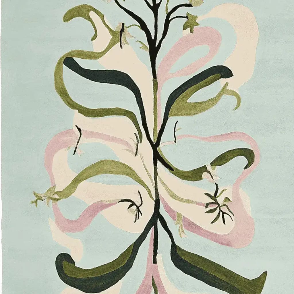 Merry Woodland Twirl Hand Tufted Area Rug featuring an abstract floral design in shades of green, pink, and cream on a light blue background. This wool rug adds a touch of elegance to large living room spaces, perfect for enhancing your area rugs collection.