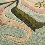 Close-up of a textured rug with floral patterns in pastel colors