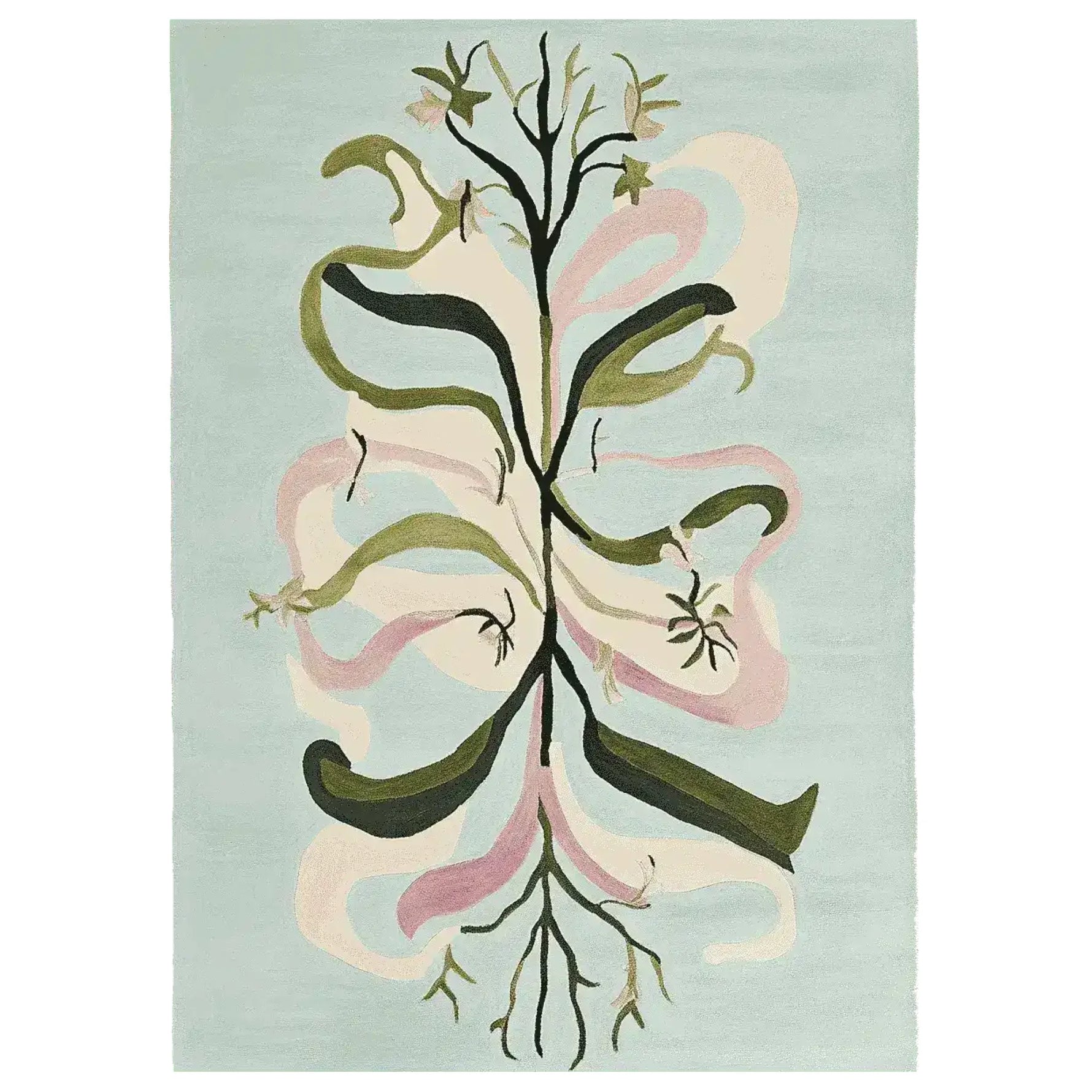 The Merry Woodland Twirl Hand Tufted Rug is a stunning area rug featuring an abstract design with swirling green and pink patterns on a soft blue background. This wool rug is perfect for large living rooms, adding a touch of elegance and artistic flair to your space. Ideal as an area rug for the living room, it combines style and comfort effortlessly.