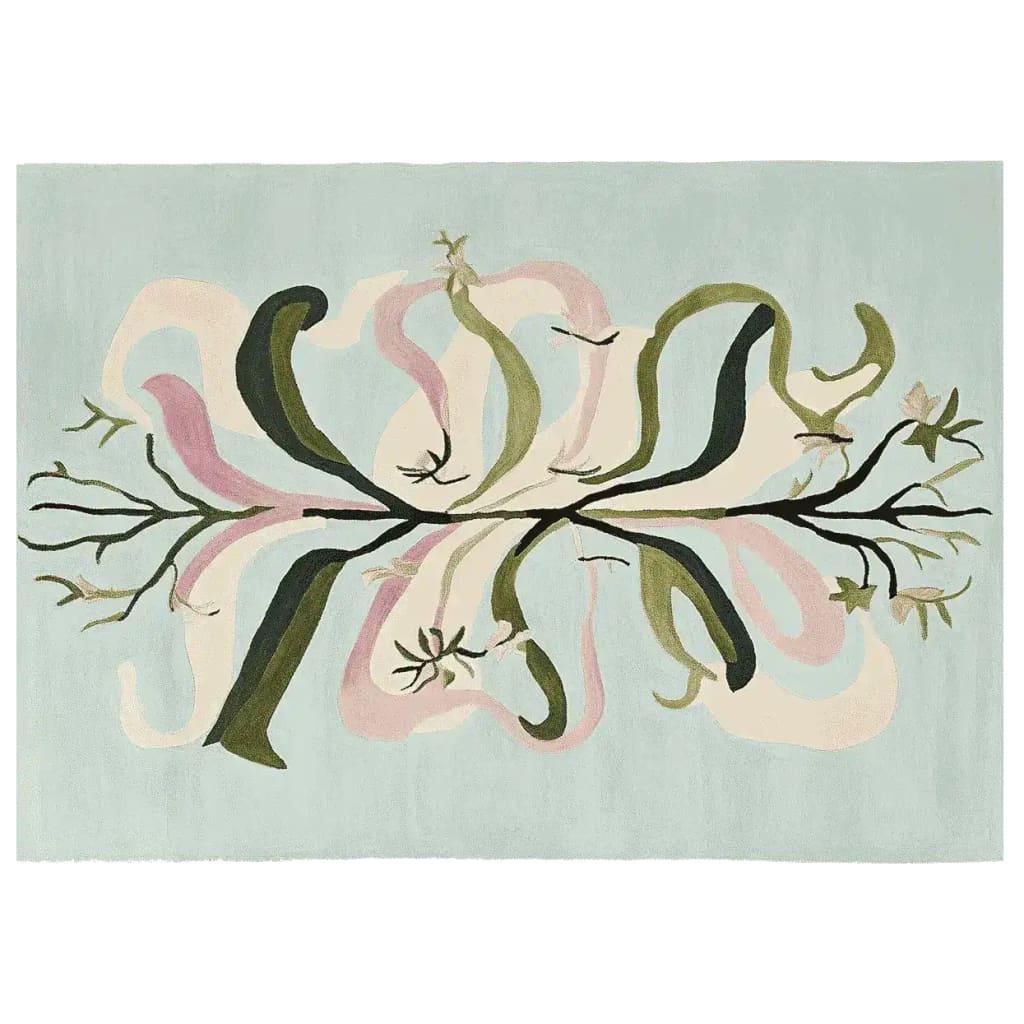 Merry Woodland Twirl Hand Tufted Area Rug featuring a whimsical, abstract design with swirling green and pink patterns against a soft blue background. Perfect for adding a touch of nature-inspired elegance to large living rooms. This high-quality wool rug, part of our area rugs for living room collection, offers both comfort and style.