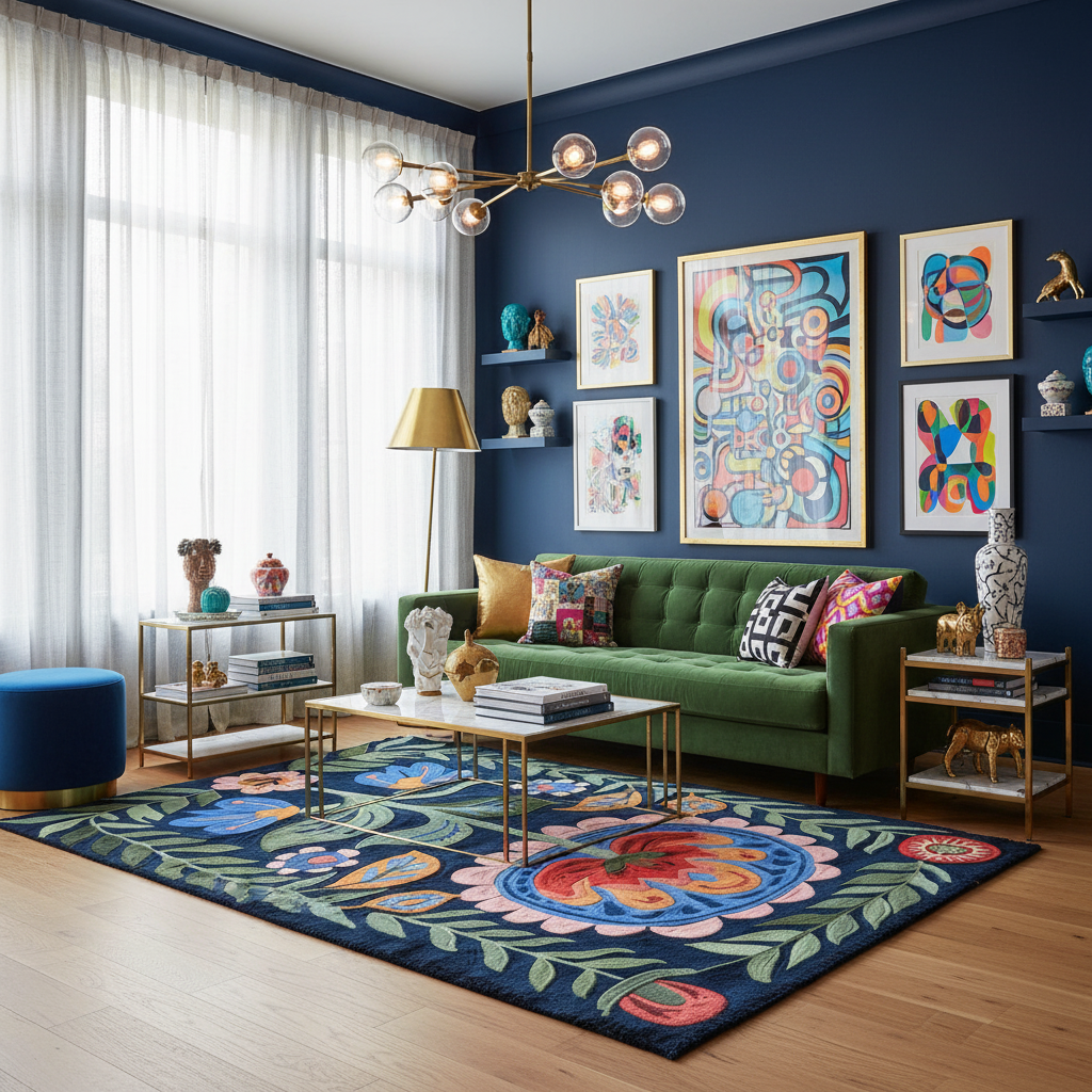 Living room with a green sofa, colorful rug, and abstract art on blue walls.