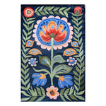A vibrant Mexican Fiesta hand-tufted wool area rug featuring a colorful floral pattern. This 8x10 living room rug showcases bold blossoms in red, blue, and green against a rich, dark background, perfect for adding a splash of color to any bedroom or living room. The intricate design makes it an ideal choice for those seeking a unique bedroom area rug or a standout piece among floral rugs.
