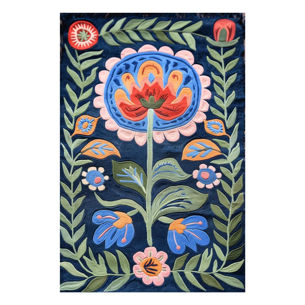 A vibrant Mexican Fiesta hand-tufted wool area rug featuring a colorful floral pattern. This 8x10 living room rug showcases bold blossoms in red, blue, and green against a rich, dark background, perfect for adding a splash of color to any bedroom or living room. The intricate design makes it an ideal choice for those seeking a unique bedroom area rug or a standout piece among floral rugs.