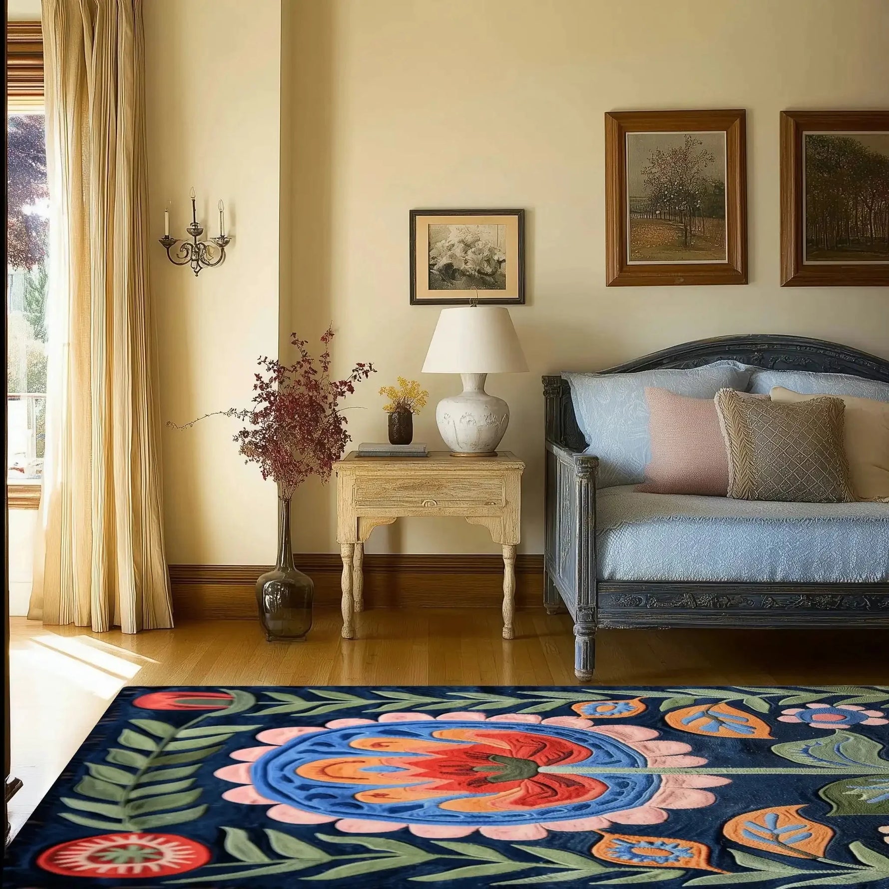A vibrant Mexican Fiesta Hand Tufted Rug showcasing a colorful floral design, beautifully placed in a cozy living room with elegant furniture. Perfect as an area rug for living rooms or bedrooms, this wool rug adds warmth and style, ideal for spaces needing an 8x10 rug.