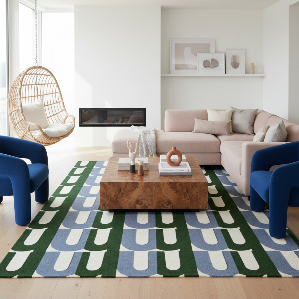 Modern living room with a colorful geometric rug, blue chairs, and a beige sectional sofa.