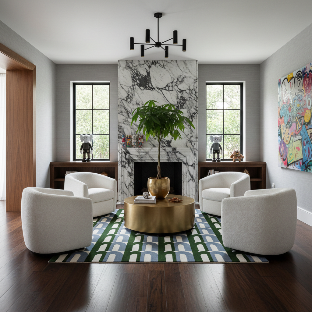 Modern living room with white chairs, a gold coffee table, blue green rug, and a marble fireplace.