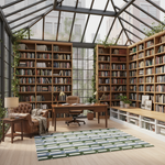 Modern office with bookshelves, desk, and armchair in a cityscape setting