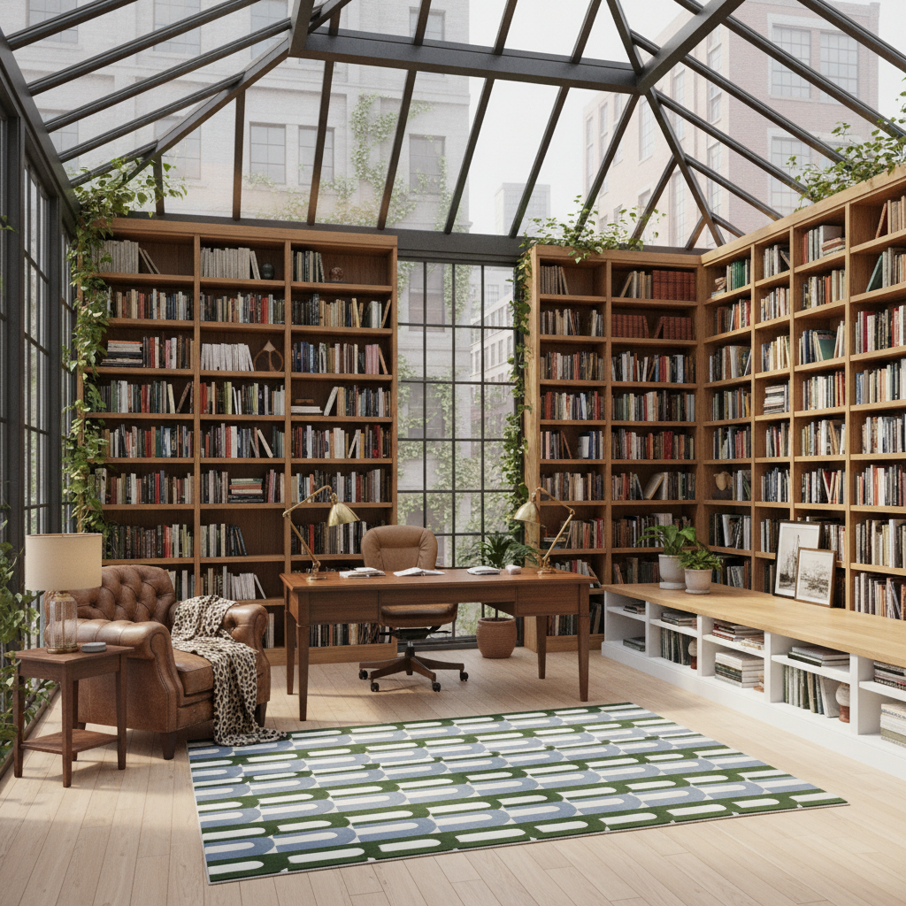 Modern office with bookshelves, desk, and armchair in a cityscape setting