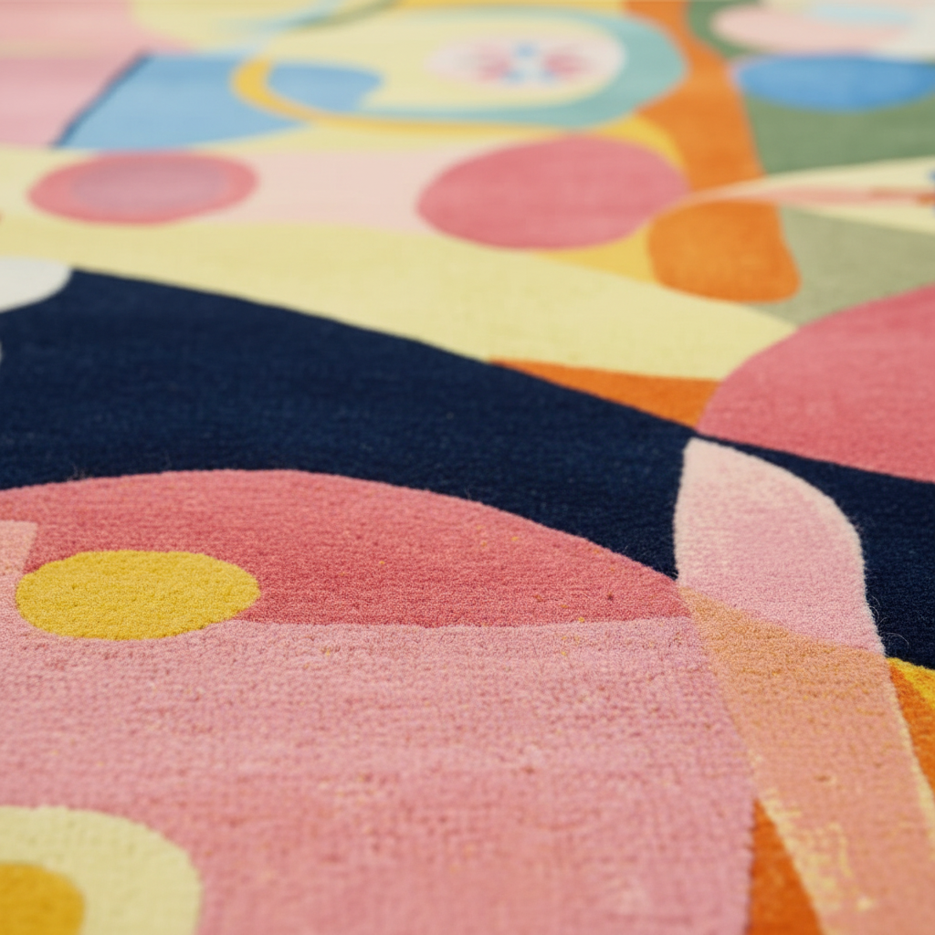 Close-up of a colorful children's rug with abstract patterns.