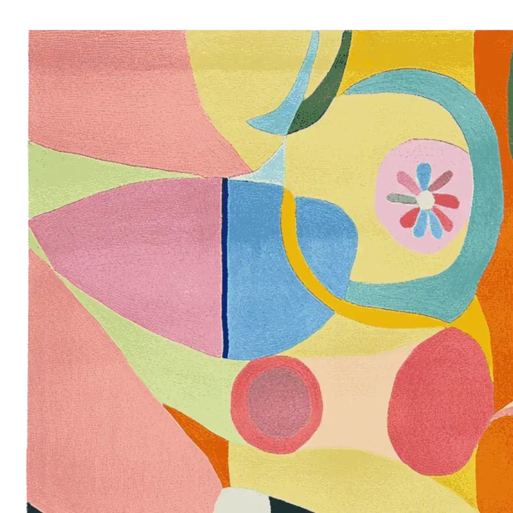 Vibrant and contemporary hand-tufted wool area rug with abstract microflora pattern, perfect for enhancing large living room spaces. The colorful design features bold shapes and a harmonious blend of pink, blue, yellow, and green, making it an ideal choice for modern area rugs for living rooms.