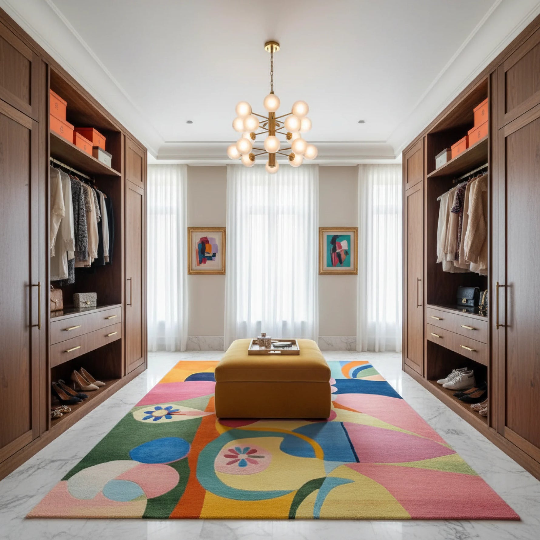 Modern walk-in closet with wooden wardrobes, colorful rug, and a chandelier.