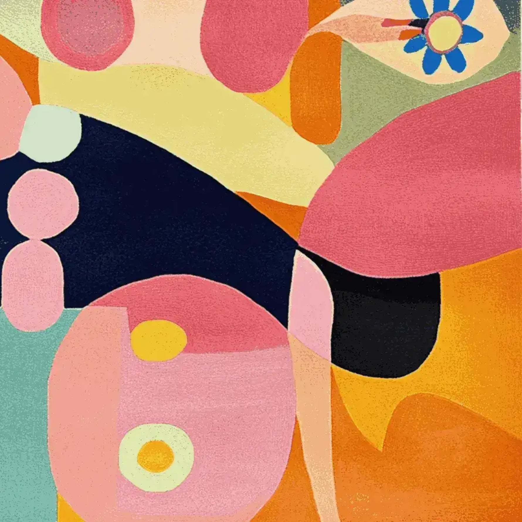 Vibrant and contemporary area rug featuring an abstract design with bold colors like pink, orange, and blue, perfect for a large living room. This wool rug adds a burst of artistic flair and texture to any space, making it an ideal choice for those seeking unique area rugs for living rooms.