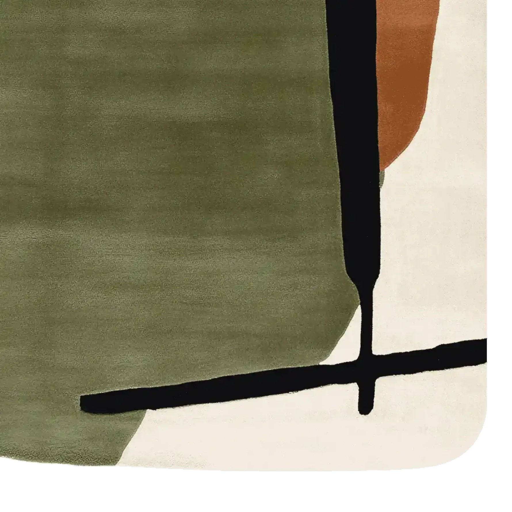 Close-up of the Midcentury Meadow Echo Hand Tufted Area Rug, showcasing a contemporary design with earthy green and brown tones. This wool rug features bold abstract patterns, making it a perfect centerpiece for large living room spaces.
