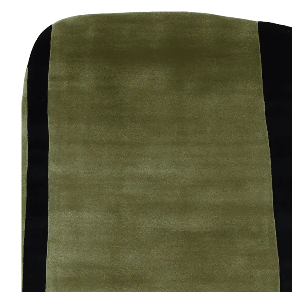 Close-up view of the Midcentury Meadow Echo Hand Tufted Area Rug showcasing its contemporary design with a smooth olive green surface bordered by a sleek black edge. Ideal wool rug for modern living room decor, offering elegance and style as a large living room rug.