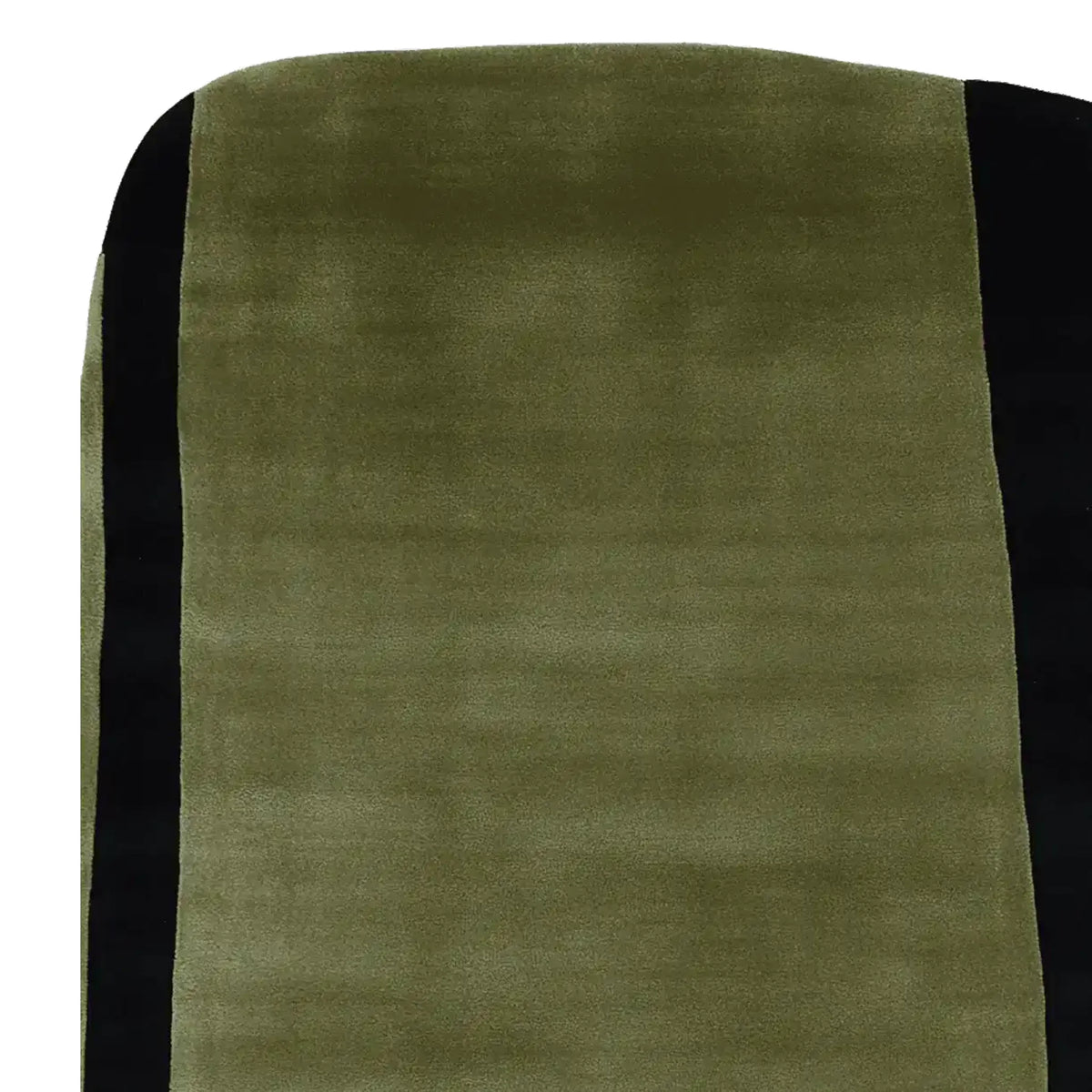 Close-up view of the Midcentury Meadow Echo Hand Tufted Area Rug showcasing its contemporary design with a smooth olive green surface bordered by a sleek black edge. Ideal wool rug for modern living room decor, offering elegance and style as a large living room rug.
