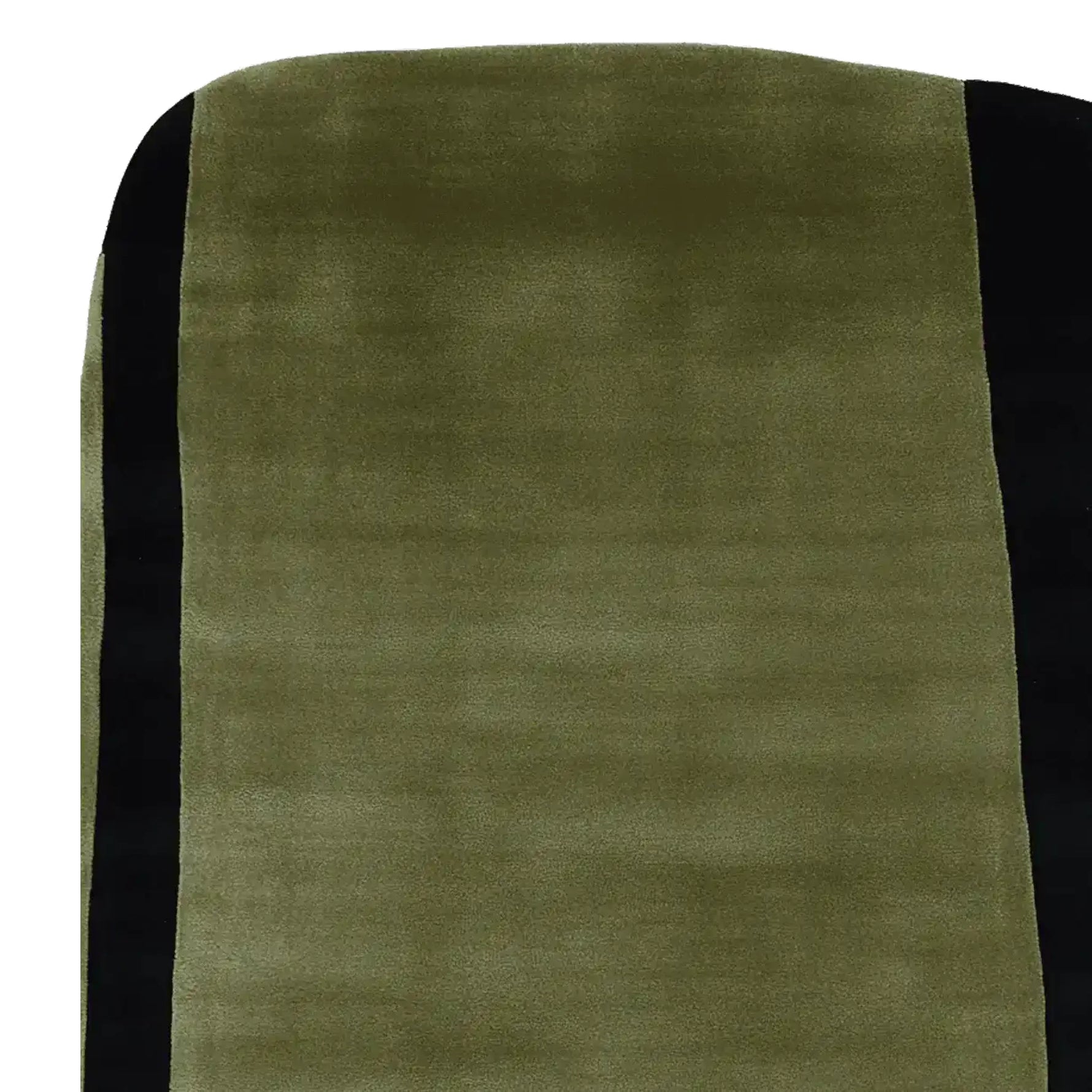 Close-up view of the Midcentury Meadow Echo Hand Tufted Area Rug showcasing its contemporary design with a smooth olive green surface bordered by a sleek black edge. Ideal wool rug for modern living room decor, offering elegance and style as a large living room rug.
