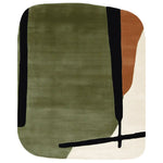 Midcentury Meadow Echo Hand Tufted Area Rug featuring an abstract design with olive green, burnt orange, and cream colors. Perfect as a contemporary rug for living rooms, this wool rug adds a modern touch to large living room spaces.