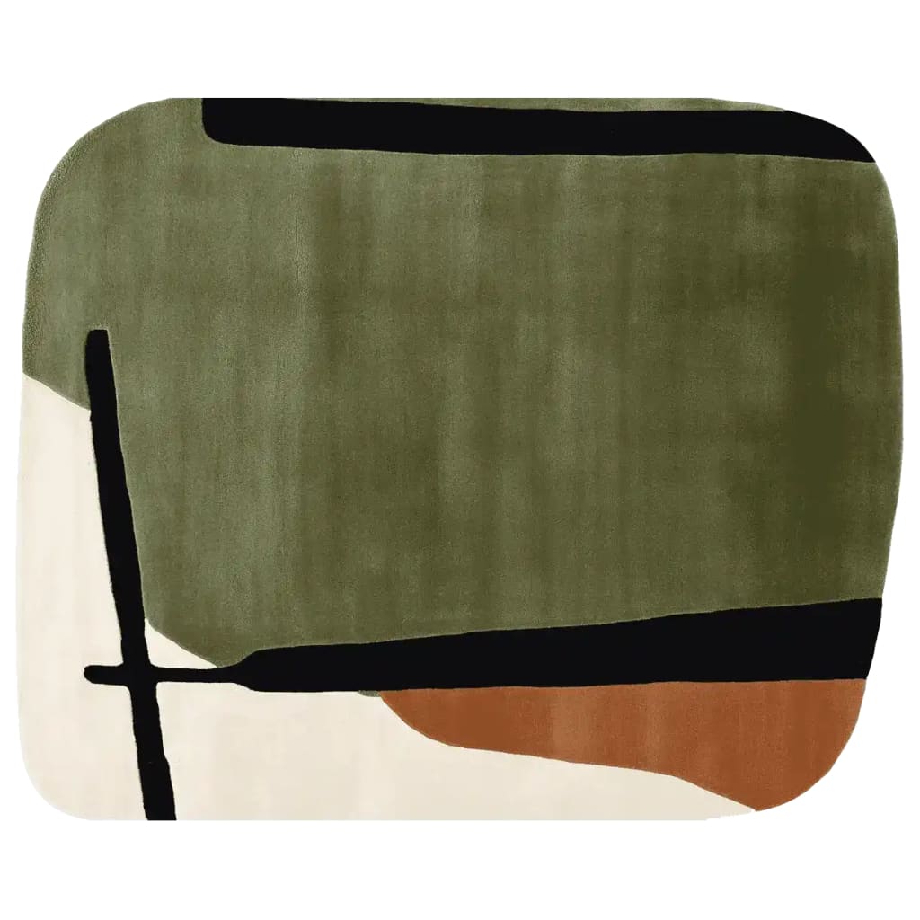A contemporary area rug with an abstract design featuring earthy tones of green, black, and brown. This wool rug is perfect for adding a modern touch to your living room decor. Ideal for those seeking large living room rugs with a midcentury flair.