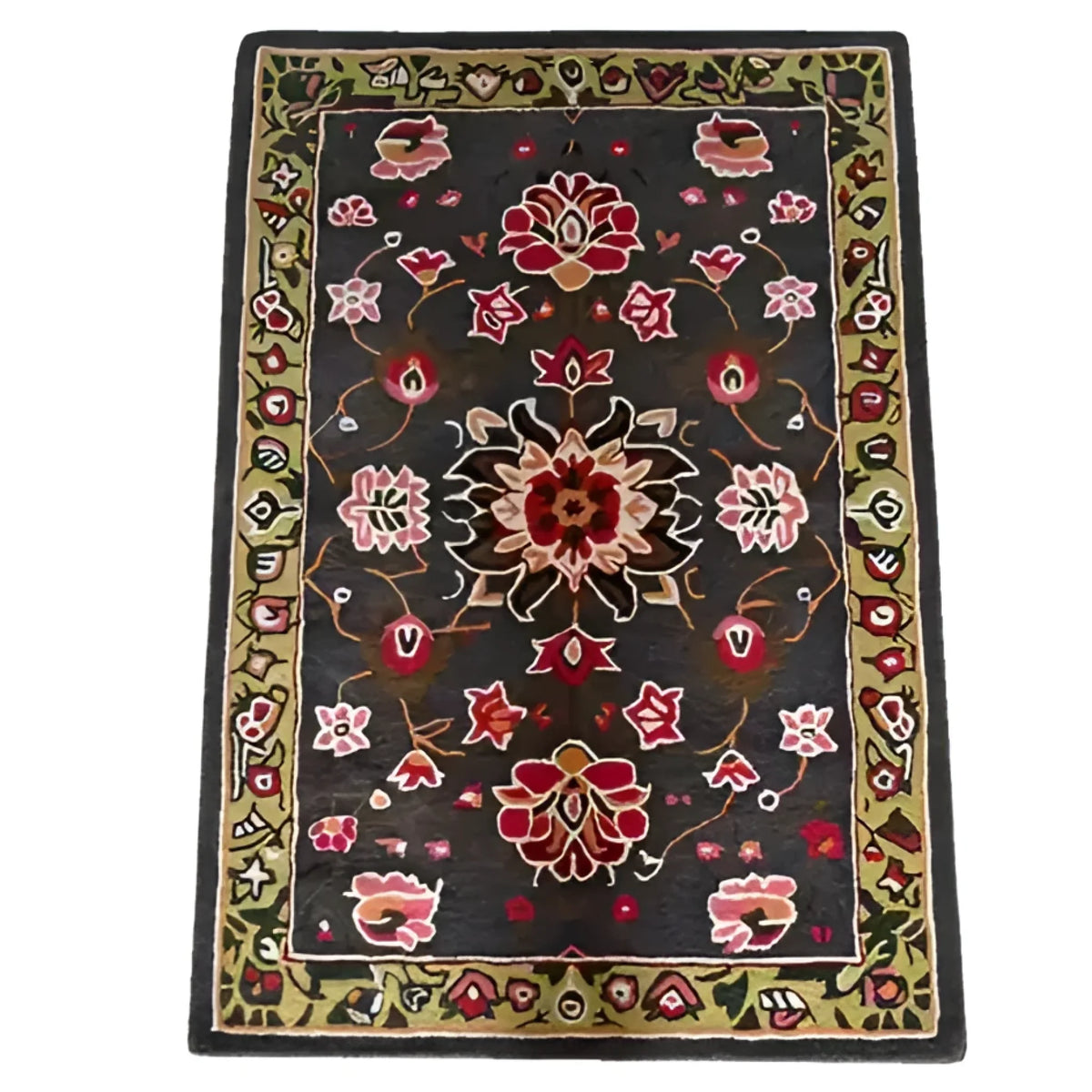 The Midnight Bloom Mosaic Hand Tufted Rug, sized at 4 x 6 ft, showcases a rich floral design in vibrant colors against a dark background. This wool rug is perfect for adding elegance to any living room, complementing area rugs in 8x10 dimensions. Ideal for those seeking a striking floral rug to enhance their home decor.