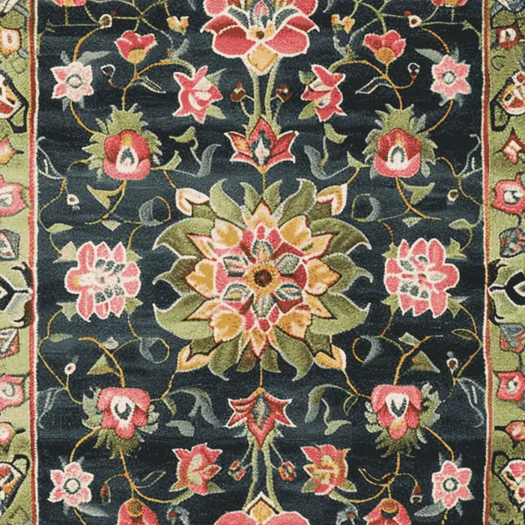 Close-up view of the Midnight Bloom Mosaic Hand Tufted Area Rug, showcasing its intricate floral design. This wool rug features a vibrant pattern with pink, red, and green flowers on a dark background, perfect for large living room spaces. A beautiful example of floral and area rugs for living room settings.