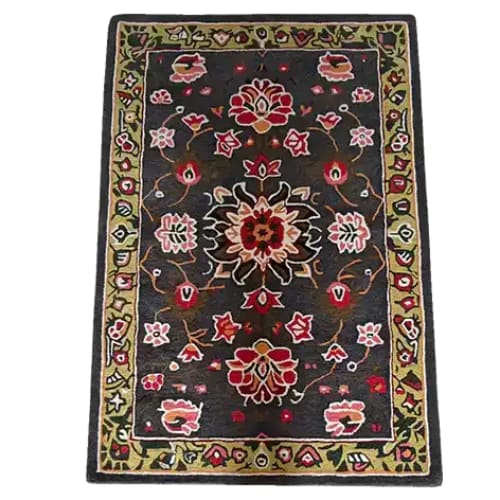 The Midnight Bloom Mosaic Hand Tufted Rug, sized at 4 x 6 ft, showcases a rich floral design in vibrant colors against a dark background. This wool rug is perfect for adding elegance to any living room, complementing area rugs in 8x10 dimensions. Ideal for those seeking a striking floral rug to enhance their home decor.