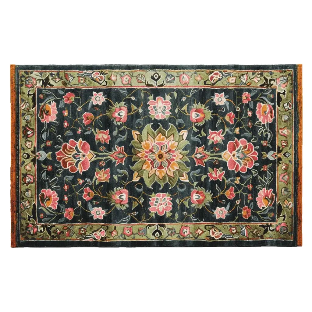 Top view of the Midnight Bloom Mosaic Hand Tufted Area Rug, showcasing a vibrant floral design with pink and green patterns on a dark background. This wool rug is perfect for large living rooms, adding a touch of elegance to any space.
