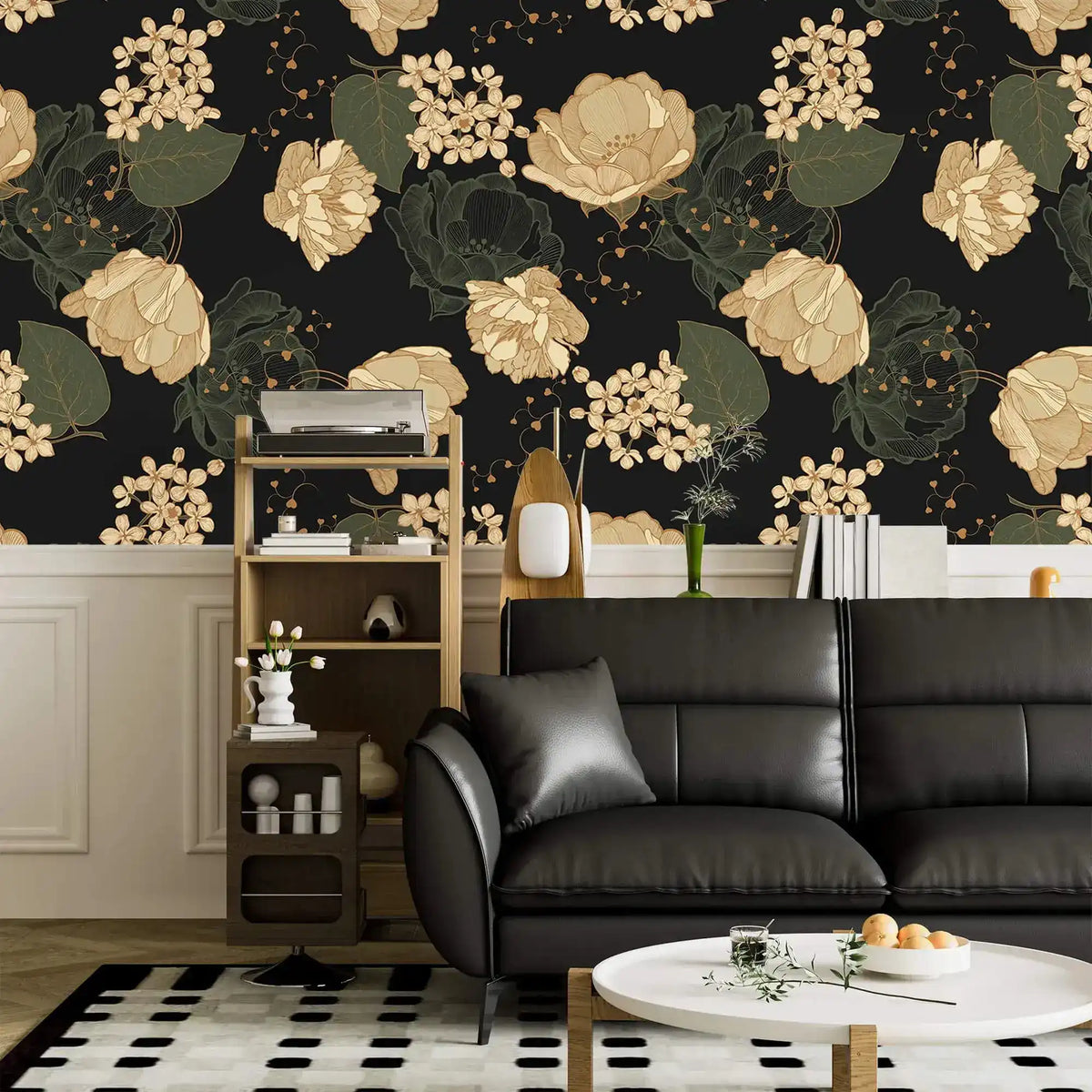 Midnight blooms floral wallpaper above white wainscot with black leather sofa and ladder shelf