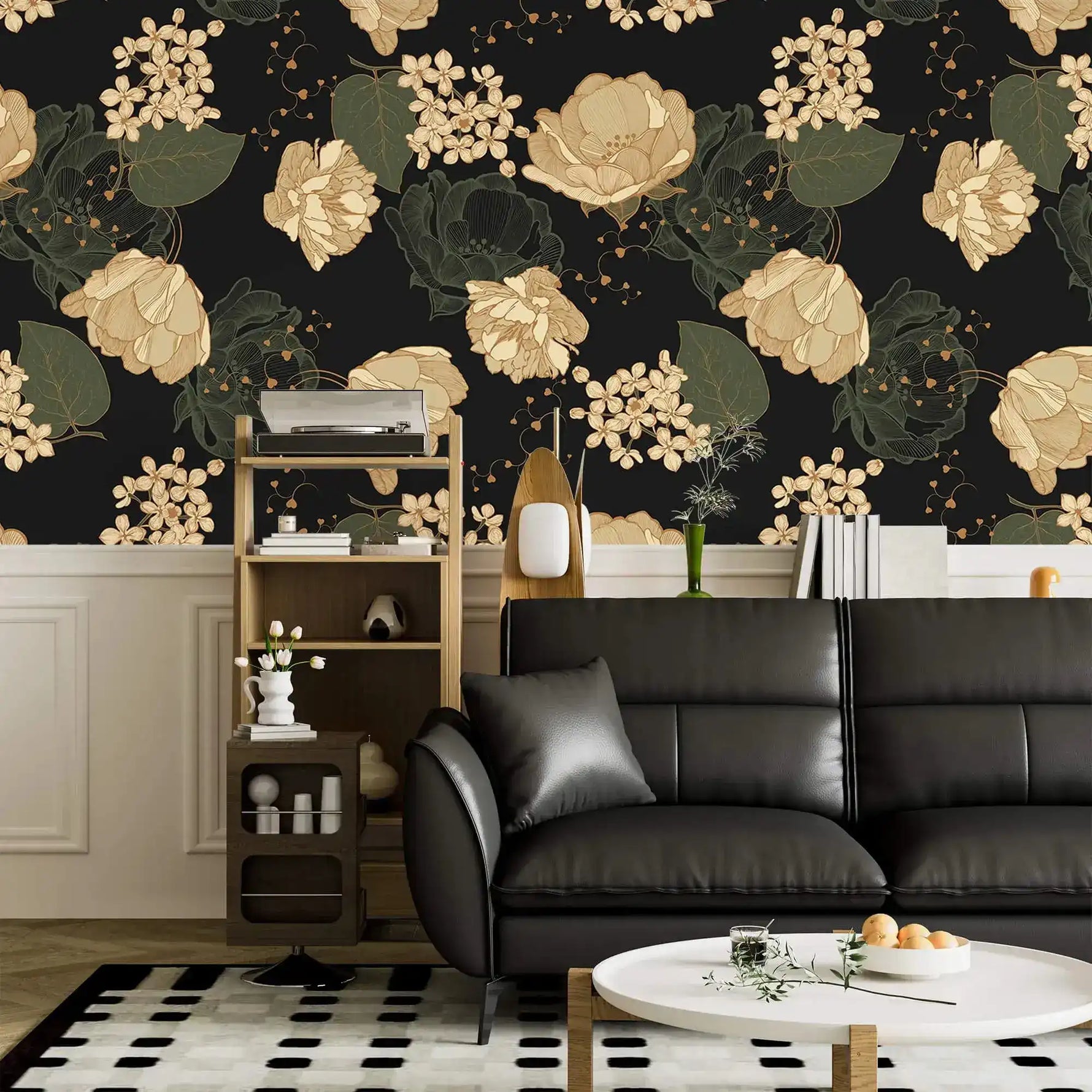 Midnight blooms floral wallpaper above white wainscot with black leather sofa and ladder shelf