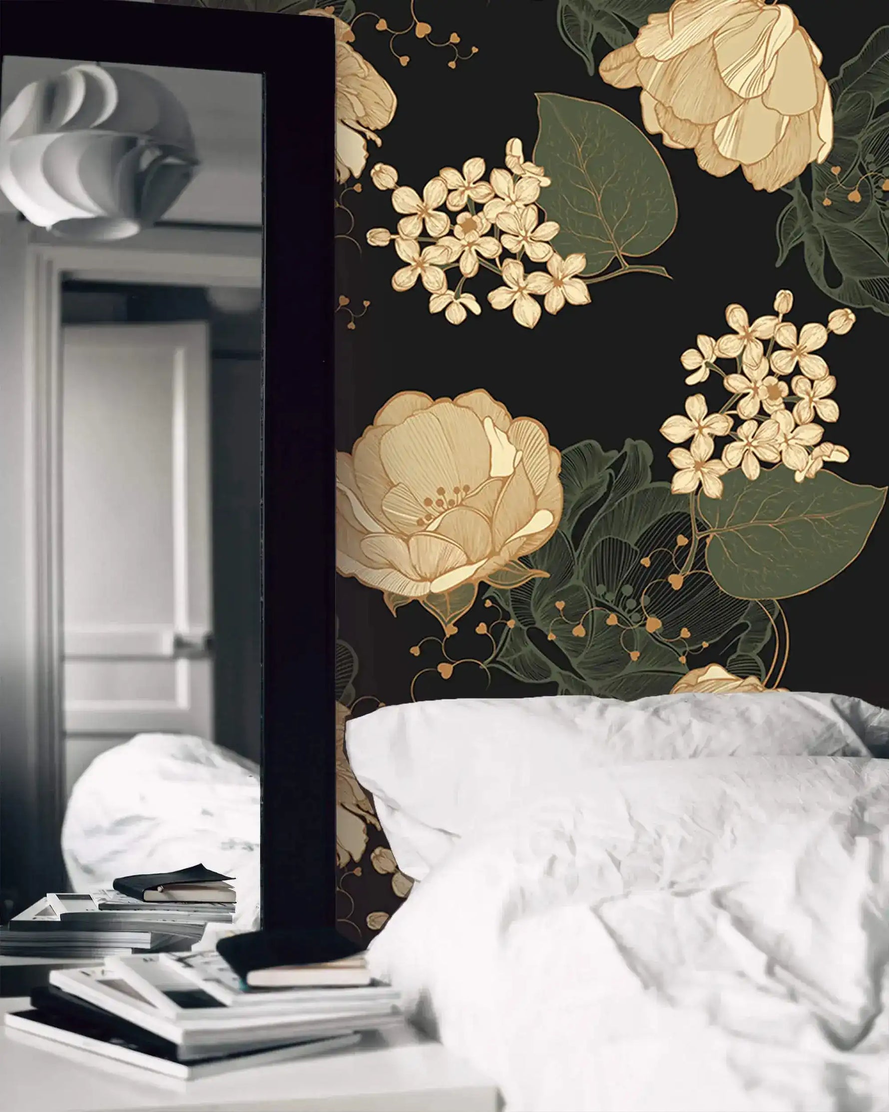 Midnight blooms floral wallpaper in bedroom with white bedding and leaning floor mirror