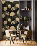 Midnight blooms floral wallpaper in dining nook with round wood table, cream chairs and gray shelves