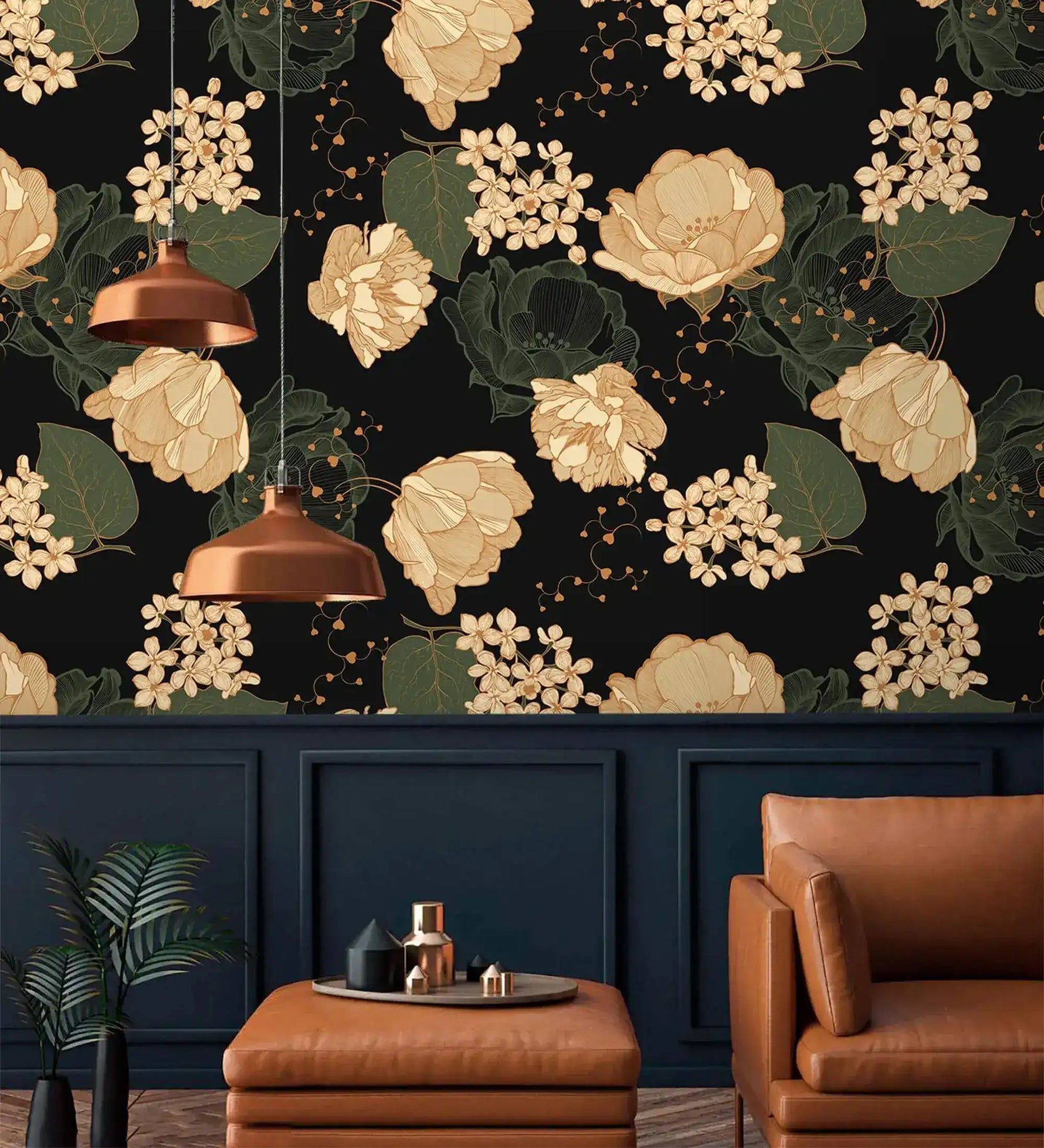 Midnight blooms wallpaper, cream and gold flowers on black with copper lamps and tan leather sofa