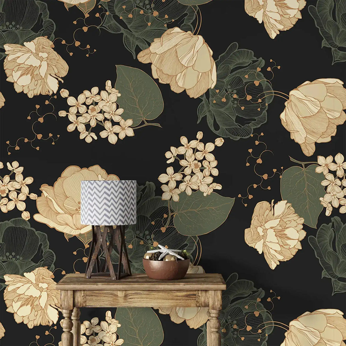 Midnight blooms wallpaper detail, cream peonies and hydrangea on black with rustic table and lamp