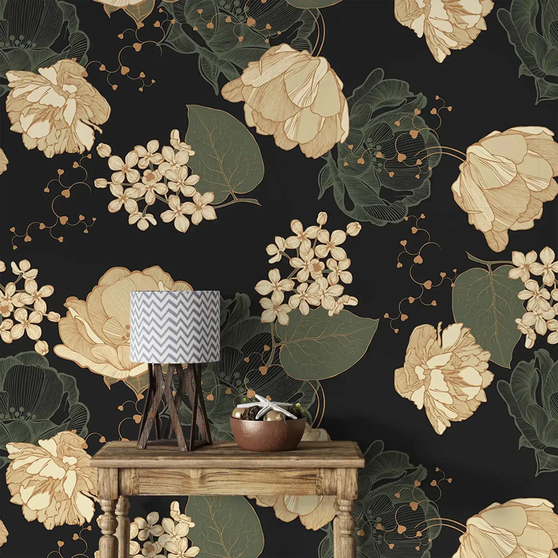 Midnight blooms wallpaper detail, cream peonies and hydrangea on black with rustic table and lamp