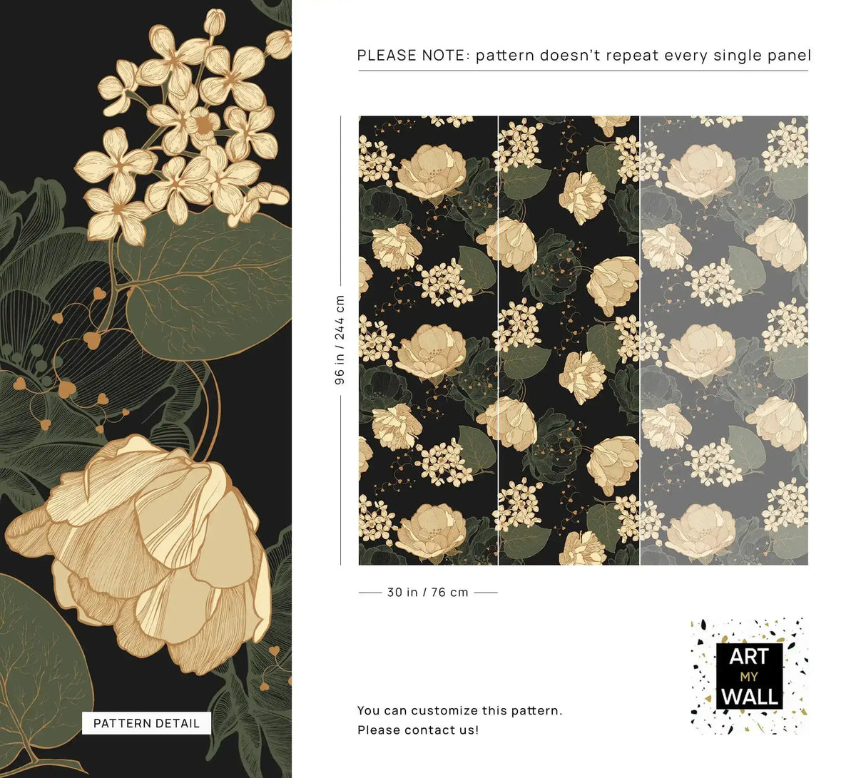 Midnight blooms wallpaper spec sheet with cream peony detail and multi-panel repeat dimensions