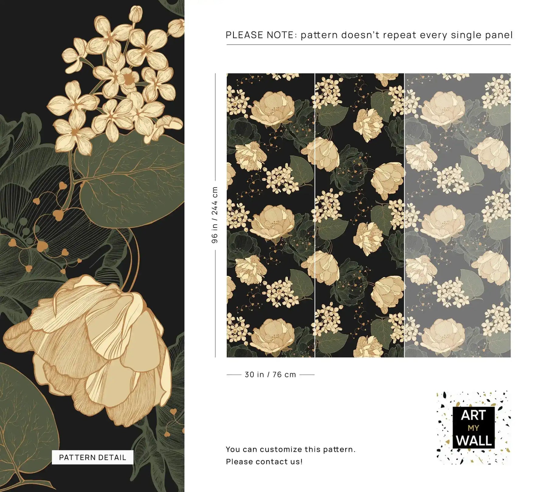 Midnight blooms wallpaper spec sheet with cream peony detail and multi-panel repeat dimensions