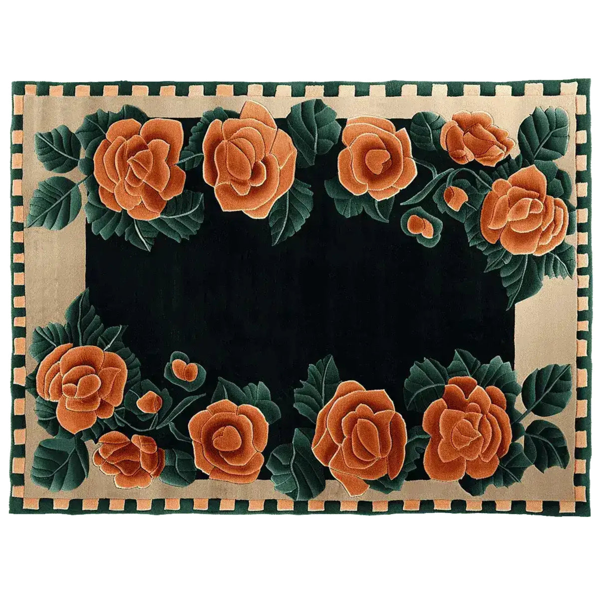 The Midnight Blossom Grace Hand Tufted Area Rug features a striking floral design with vivid orange roses and lush green leaves, set against a deep black background. This wool rug is perfect for adding elegance to living room spaces and serves as a stunning large living room rug.