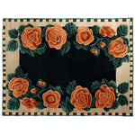 The Midnight Blossom Grace Hand Tufted Area Rug features a striking floral design with vivid orange roses and lush green leaves, set against a deep black background. This wool rug is perfect for adding elegance to living room spaces and serves as a stunning large living room rug.