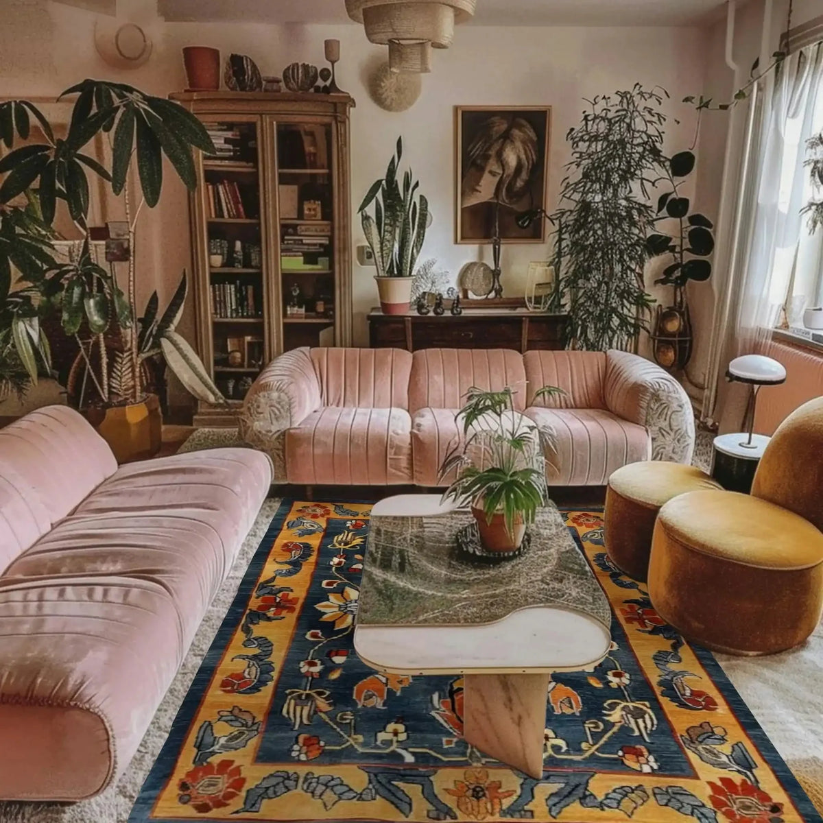 A cozy living room featuring the Midnight Blossom Heritage Hand Tufted Area Rug with a vibrant floral design. This vintage wool rug adds a touch of elegance to the space, complemented by plush pink sofas and lush green plants, perfect for dining room or living room settings.
