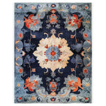 A beautifully hand-tufted Midnight Blossom Tapestry area rug featuring a vintage floral design. The rug displays intricate patterns with bold red and blue flowers against a deep navy backdrop. Ideal for adding elegance to living rooms and offices, this 8x10 wool rug combines classic charm with modern sophistication.