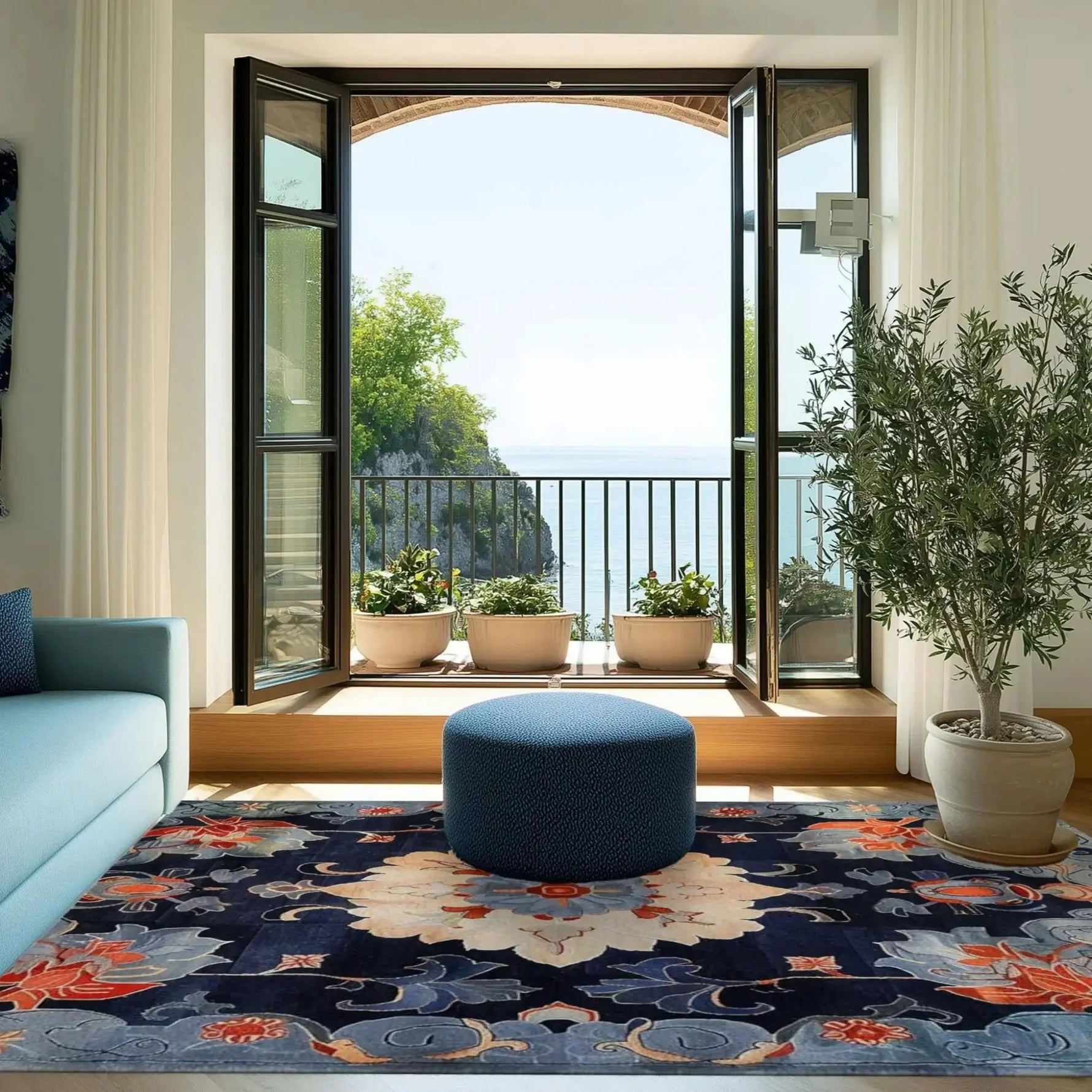 The Midnight Blossom Tapestry Hand Tufted Area Rug is beautifully displayed in a bright living room setting. This elegant 8x10 floral rug features vintage charm with bold, vibrant colors, making it an ideal choice for both living room and office spaces. Made from high-quality wool, this rug perfectly complements the cozy, serene ambiance with an open view of nature outside.