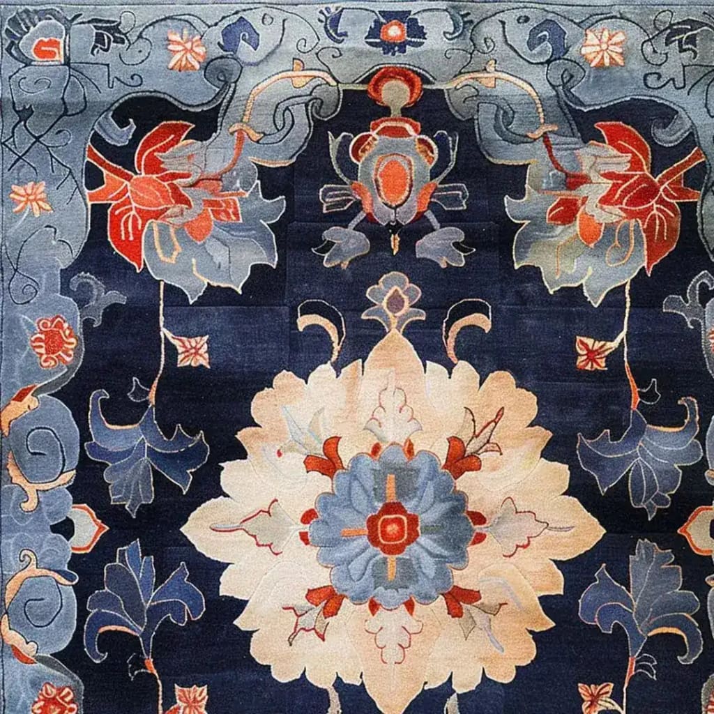 This stunning area rug features an intricate floral design with rich blue, red, and cream colors, perfect for adding a touch of vintage elegance to living rooms or offices. The Midnight Blossom Tapestry is hand-tufted from wool, making it a luxurious 8x10 living room rug that embodies the charm of a vintage floral rug.