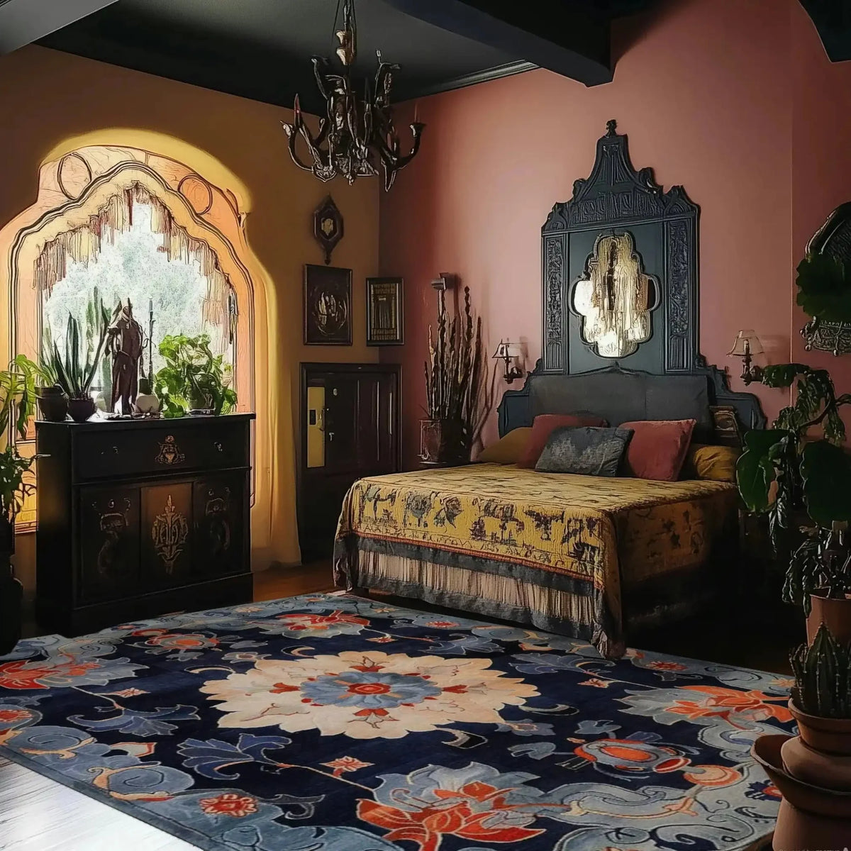 Beautifully styled vintage rug in a cozy living room setting, featuring the Midnight Blossom Tapestry Hand Tufted Area Rug. This wool rug showcases an intricate floral design in rich blues and vibrant orange, perfect for adding warmth to any living room or office. Ideal as an 8x10 rug, it complements traditional and modern decor alike.