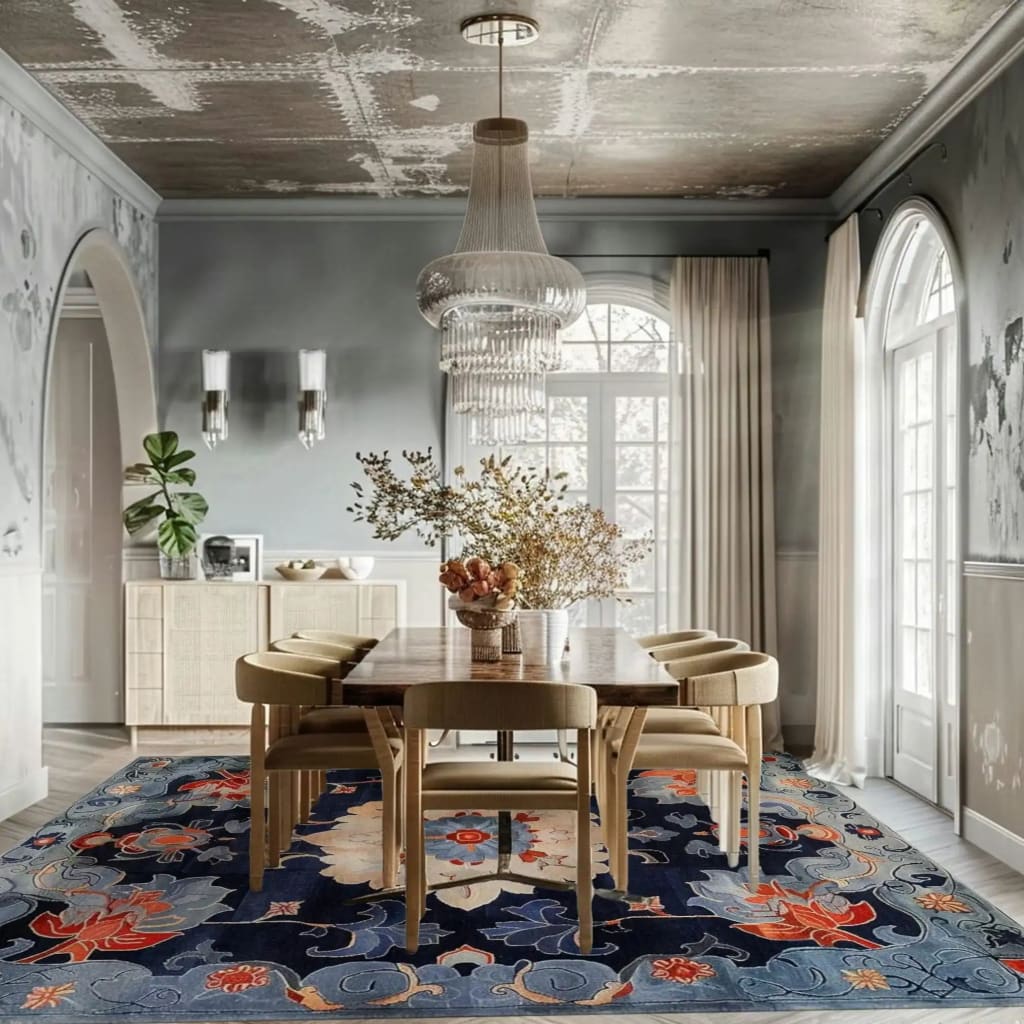 Elegant dining room featuring the Midnight Blossom Tapestry Hand Tufted Area Rug with a vintage floral design in rich blues and reds. This wool rug enhances the sophisticated ambiance, ideal for living room rugs 8x10 or office rugs, complementing the chic decor with its timeless appeal.