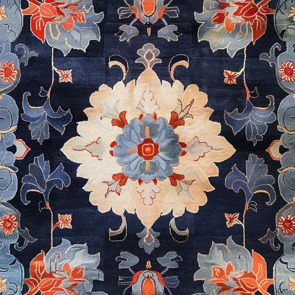 Vibrant Midnight Blossom Tapestry Hand Tufted Area Rug featuring intricate floral patterns in blue, red, and beige tones. Ideal for living room rugs 8x10, this vintage wool rug adds elegance to both living room and office spaces.
