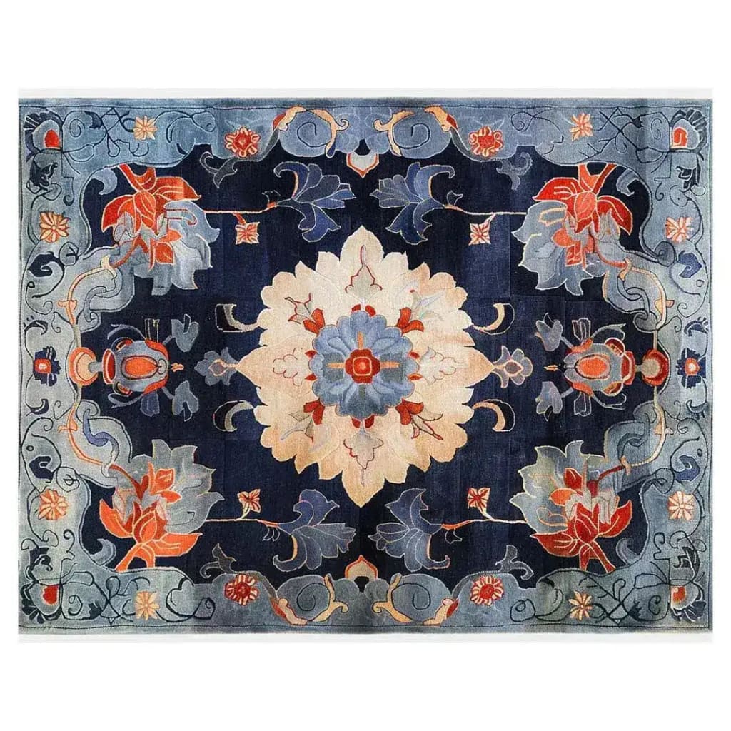 The Midnight Blossom Tapestry Hand Tufted Rug is a stunning area rug perfect for living rooms or offices. This 8x10 vintage floral rug features a rich navy background with intricate floral patterns in shades of red, blue, and cream, crafted from luxurious wool. Ideal for adding a touch of elegance to any space.