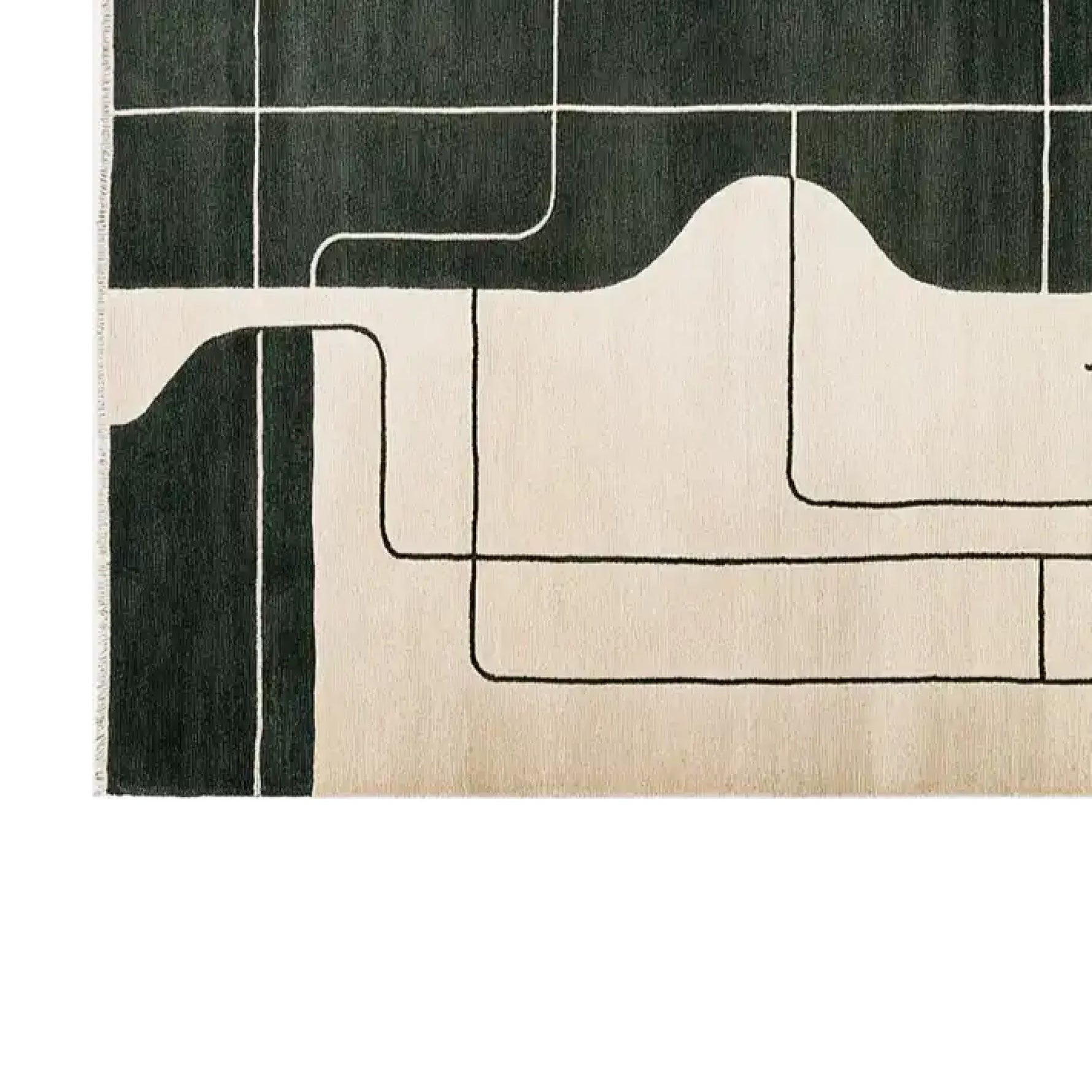 Top view of a contemporary area rug featuring a modern abstract design with black lines on a wool surface. This large wool rug is perfect for living rooms, offering a stylish and sophisticated look.