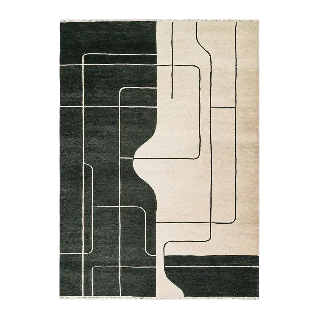 Top view of the Midnight Curve Canvas Knotted Wool Rug, a contemporary area rug with an abstract design in dark and light tones, perfect for adding a modern touch to any living room. This large wool rug features intricate line patterns, making it an ideal choice for those seeking stylish rugs for living room spaces.