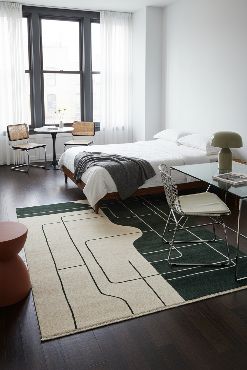 Modern bedroom with a geometric rug, bed, and chairs.