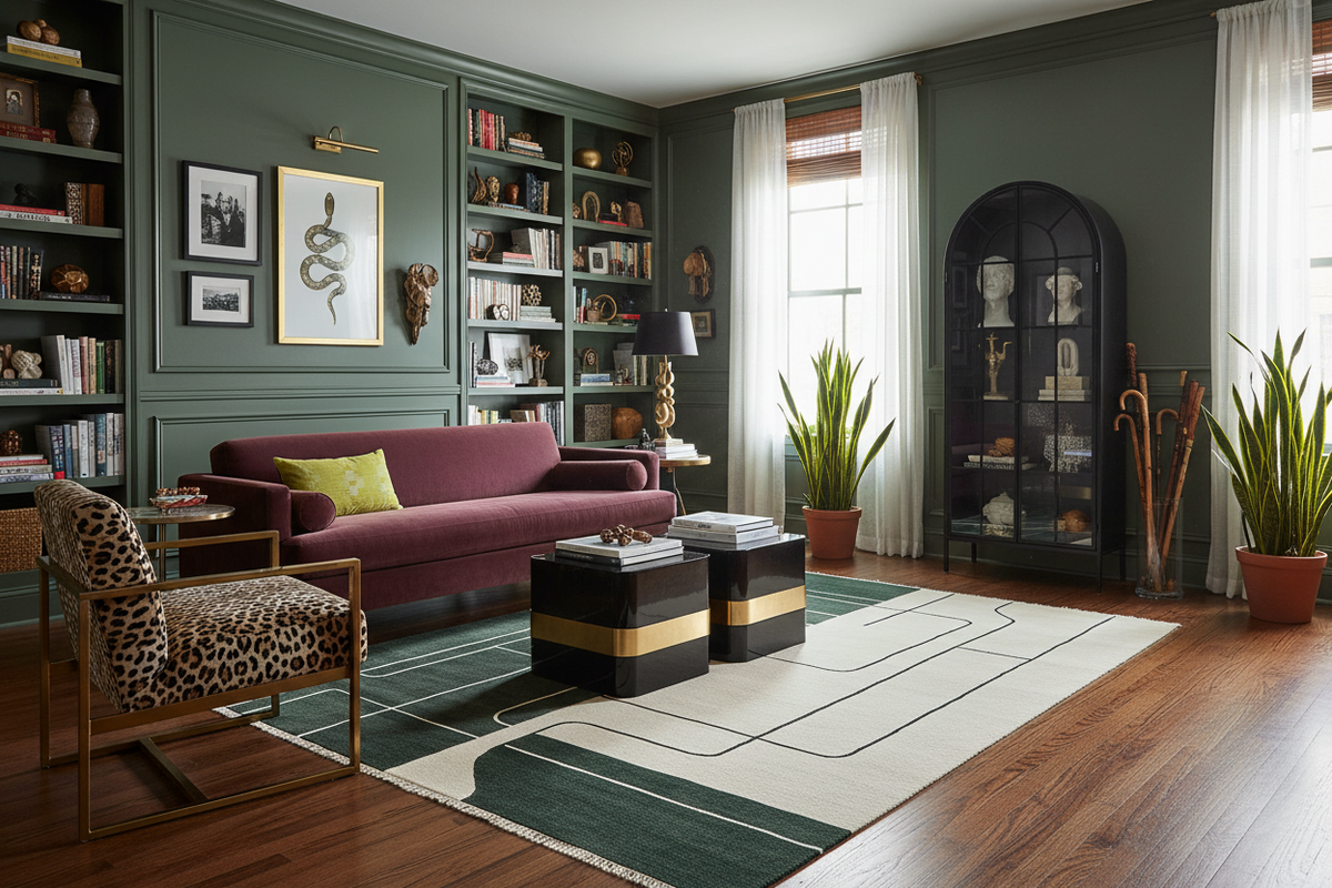 Living room with a purple sofa, green rug, bookshelves, and decorative items.